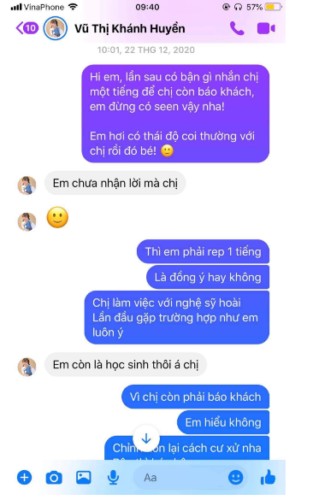 Ảnh cap màn hình tin nhắn về sự thiếu chuyên nghiệp của Vũ Thị Khánh Huyền Ảnh cap màn hình tin nhắn về sự thiếu chuyên nghiệp của Vũ Thị Khánh Huyền