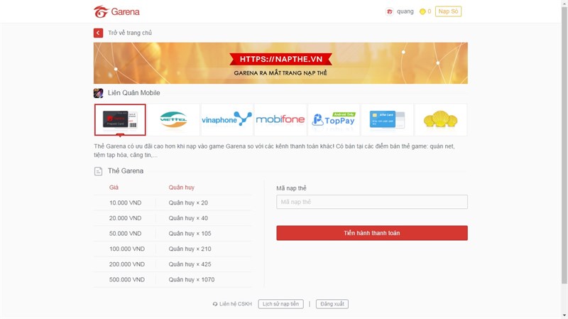 Hướng dẫn nạp Liên Quân Hướng dẫn nạp Liên Quân
